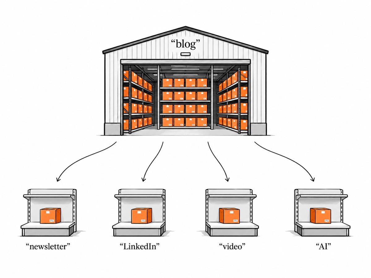 Un magazzino con la scritta blog, pieno di scatole arancioni, da cui partono quattro frecce verso quattro piccoli scaffali: newsletter, LinkedIn, video, AI.