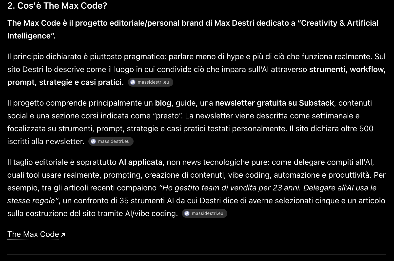 ChatGPT scrive che il sito dichiara oltre 500 iscritti alla newsletter