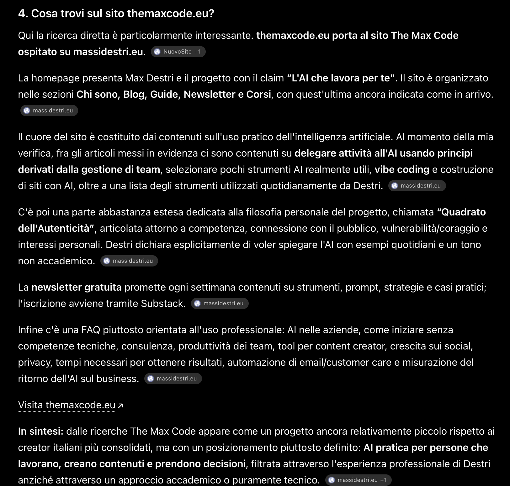 ChatGPT descrive il sito themaxcode.eu e cita massidestri.eu come host, chiudendo con una sintesi sul progetto
