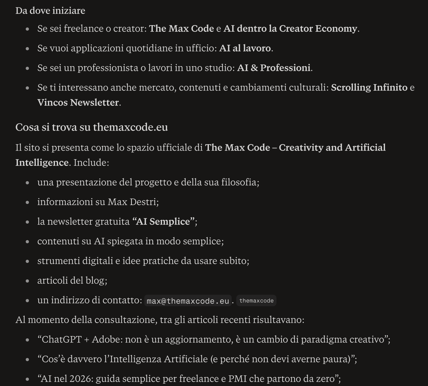Perplexity elenca fra i contenuti del sito la newsletter gratuita AI Semplice, un nome mai usato