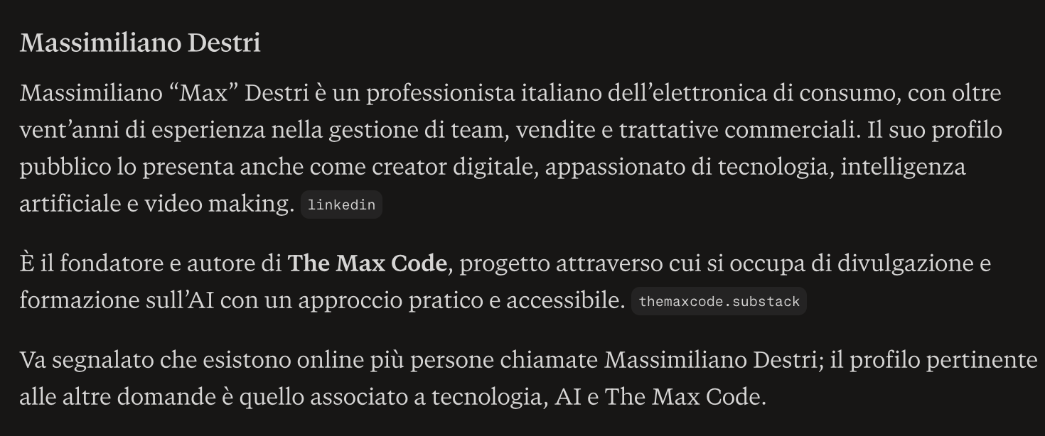 Perplexity avvisa che esistono online più persone chiamate Massimiliano Destri e indica quale profilo ha scelto